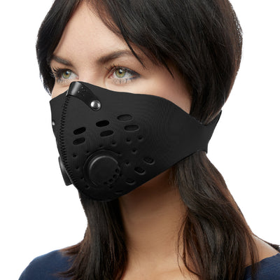 Angled view of woman wearing black RZ M1 Neoprene face mask