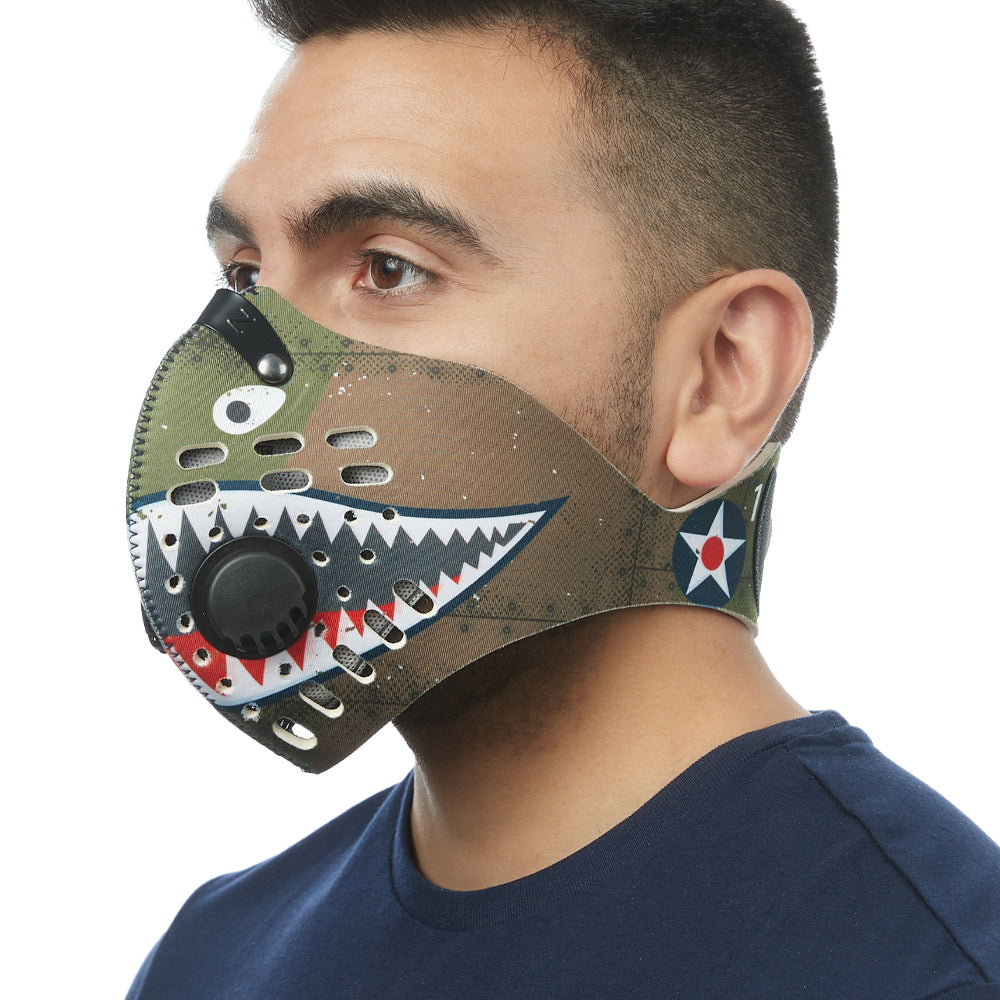Angled view of man wearing RZ M1 Neoprene P40 shark tooth mask shell