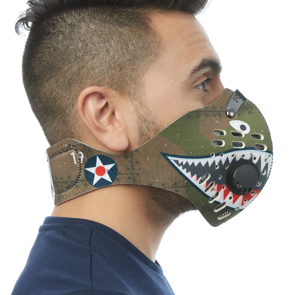 Side view of man wearing RZ M1 Neoprene P40 shark tooth mask shell