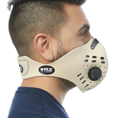 Side view of man wearing RZ M1 Neoprene tan face mask