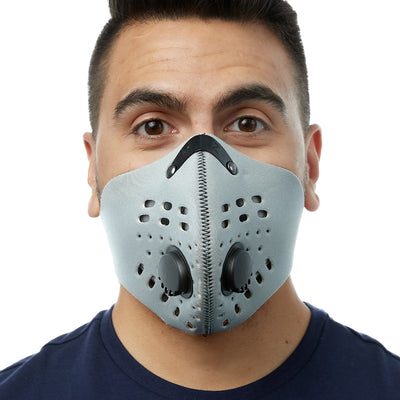 Front view of man wearing silver RZ M1 Neoprene face mask