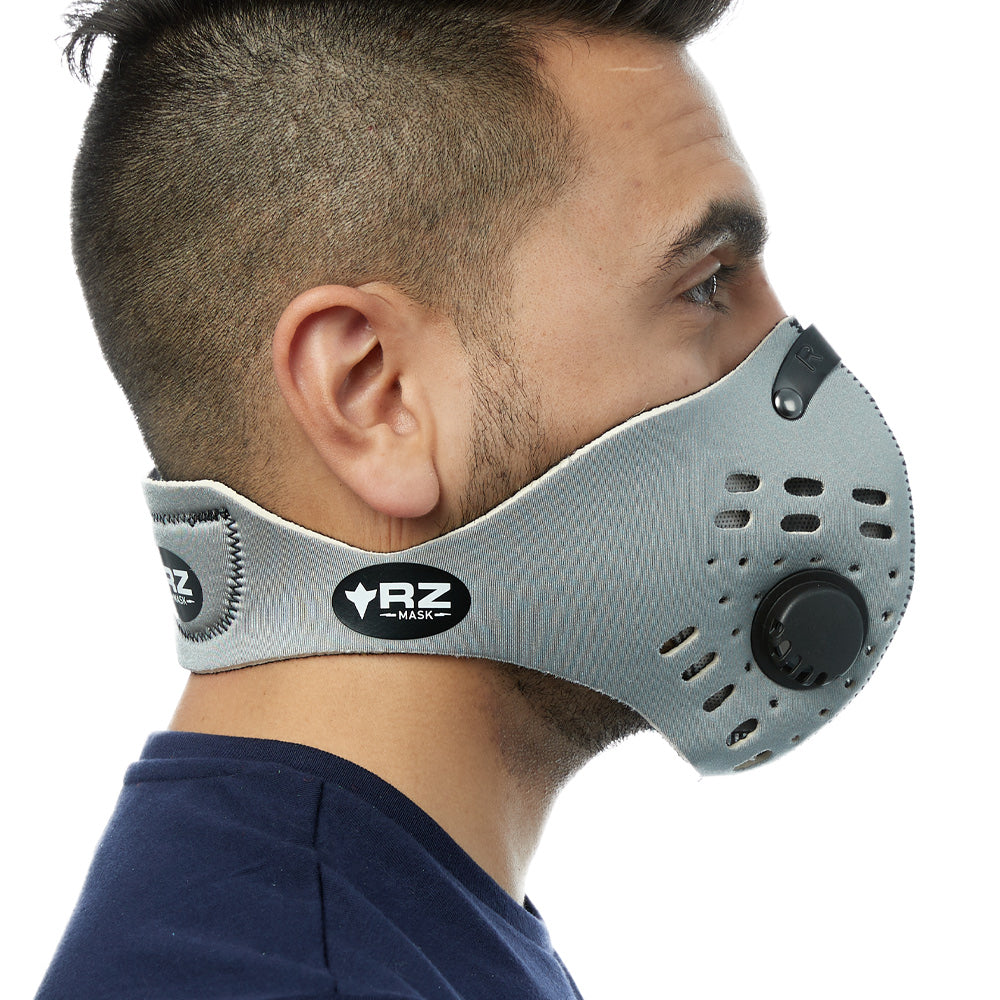 Side view of man wearing silver RZ M1 Neoprene face mask