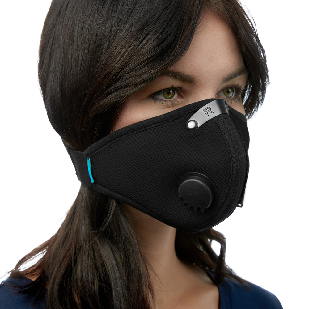 Angled view of woman wearing black RZ M2 Mesh face mask