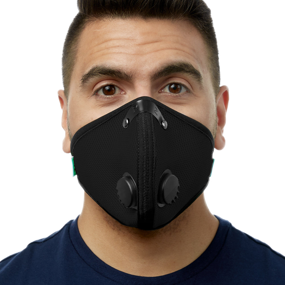 Front view of man wearing black RZ M2 Mesh face mask