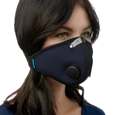 Angled view of woman wearing navy blue RZ M2 Mesh face mask
