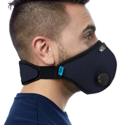 Side view of man wearing navy blue RZ M2 Mesh face mask