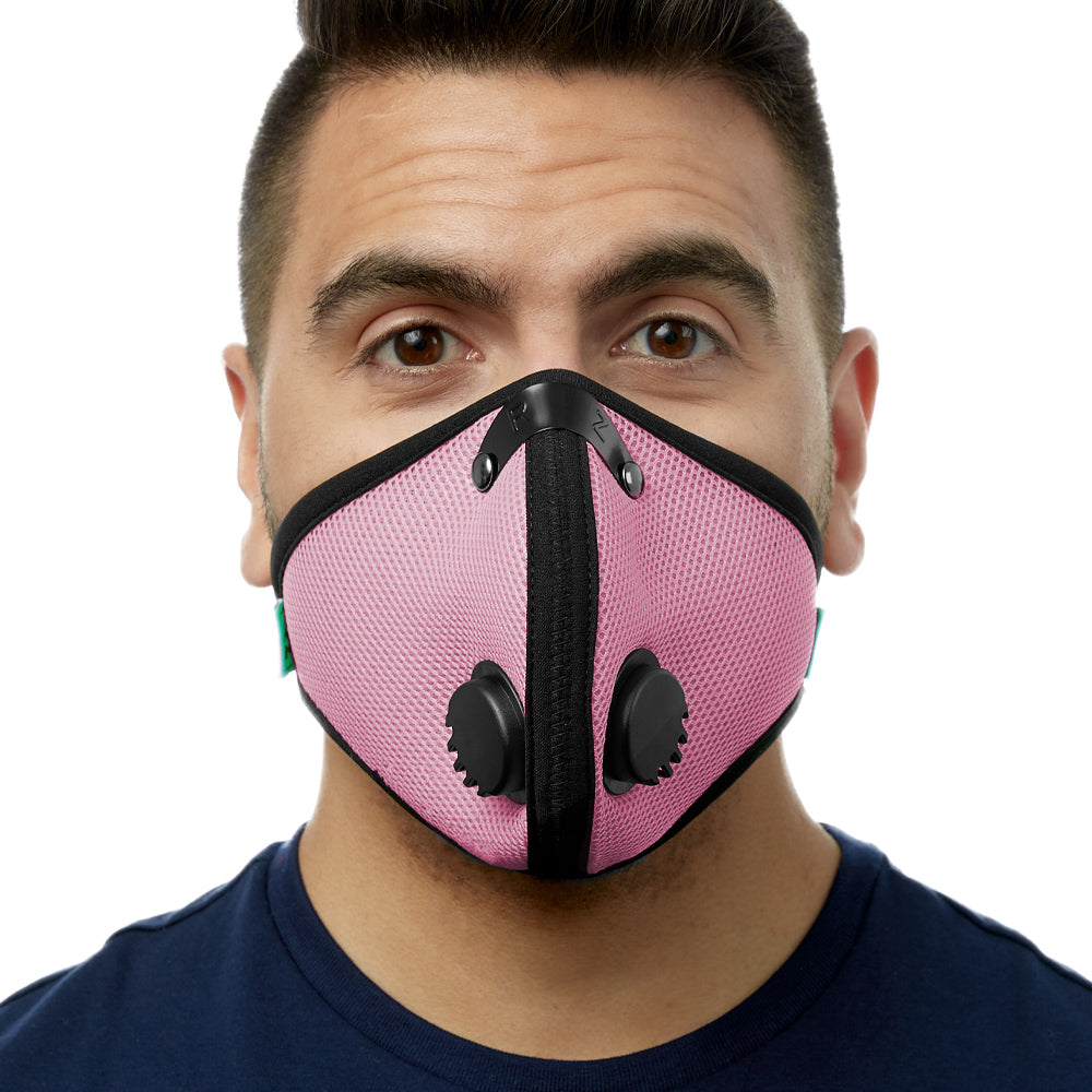 Front view of man wearing pink RZ M2 Mesh face mask