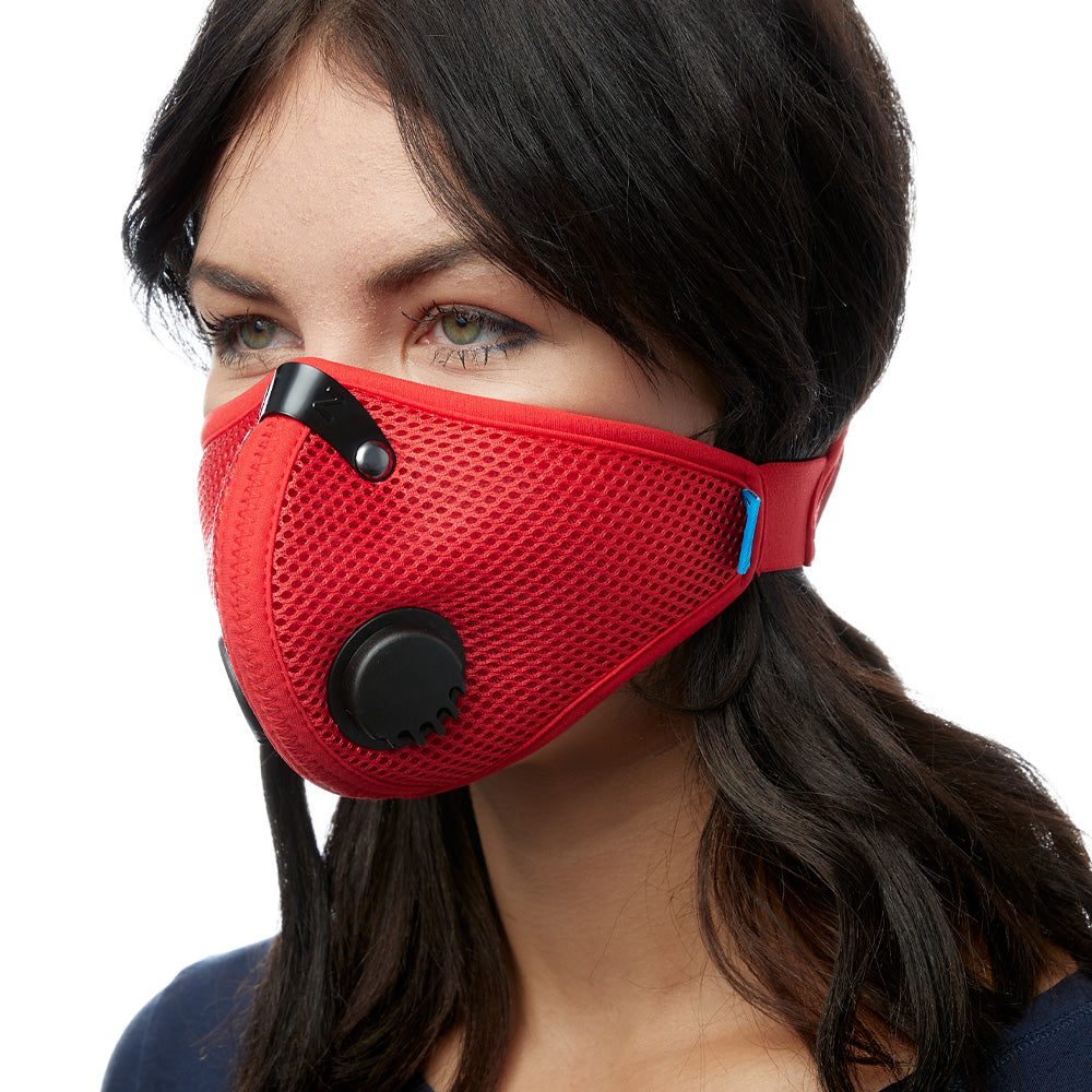 Angled view of woman wearing red RZ M2 Mesh face mask