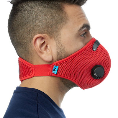 Side view of man wearing red RZ M2 Mesh face mask
