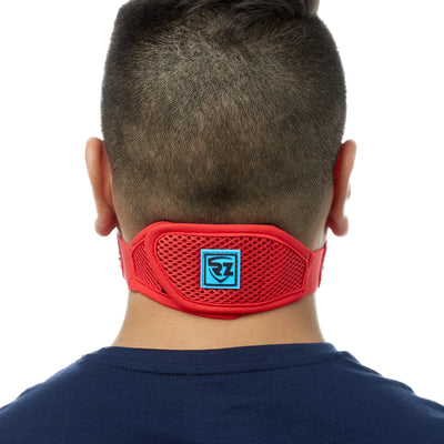 Rear view of man wearing red RZ M2 Mesh face mask
