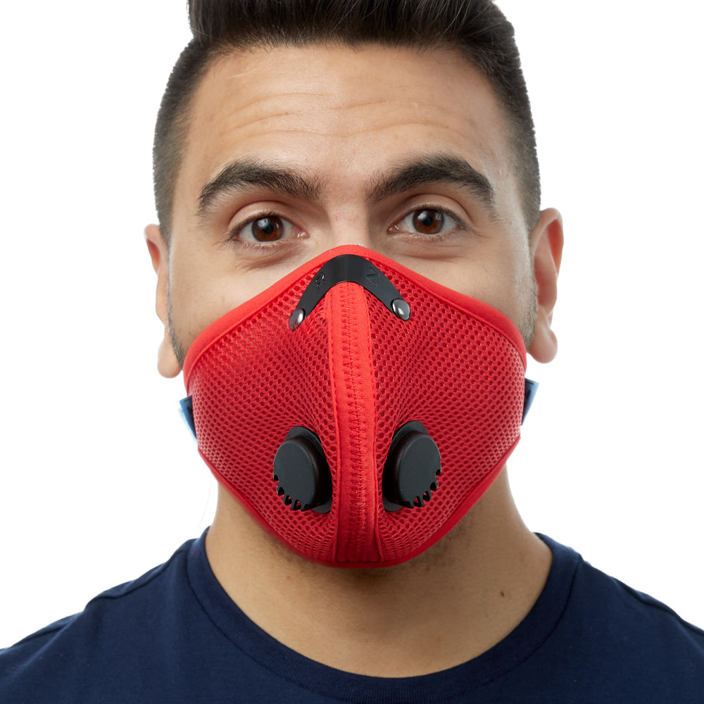 Front view of man wearing red RZ M2 Mesh face mask