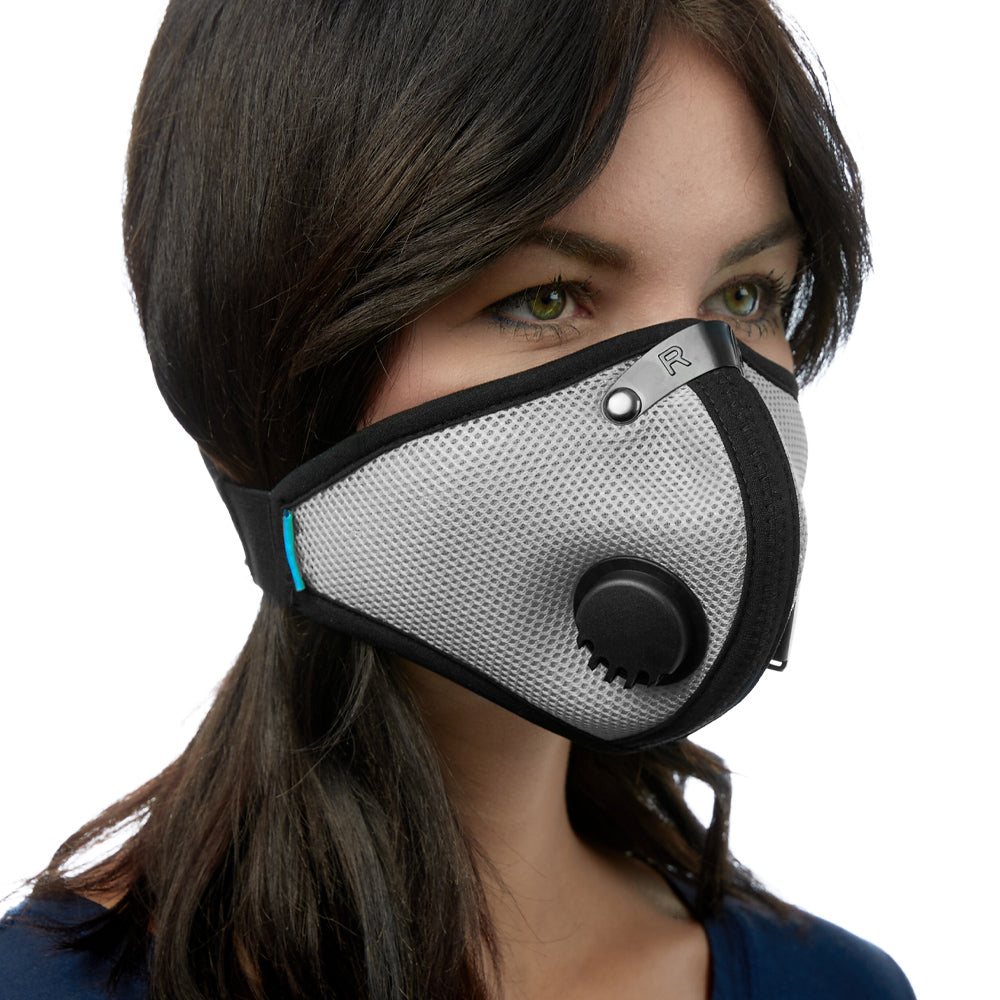 Angled view of woman wearing titanium RZ M2 Mesh face mask