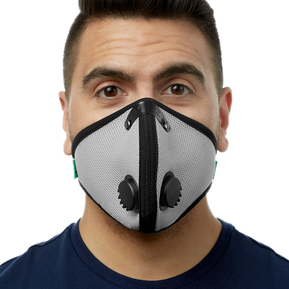Front view of man wearing titanium RZ M2 Mesh face mask