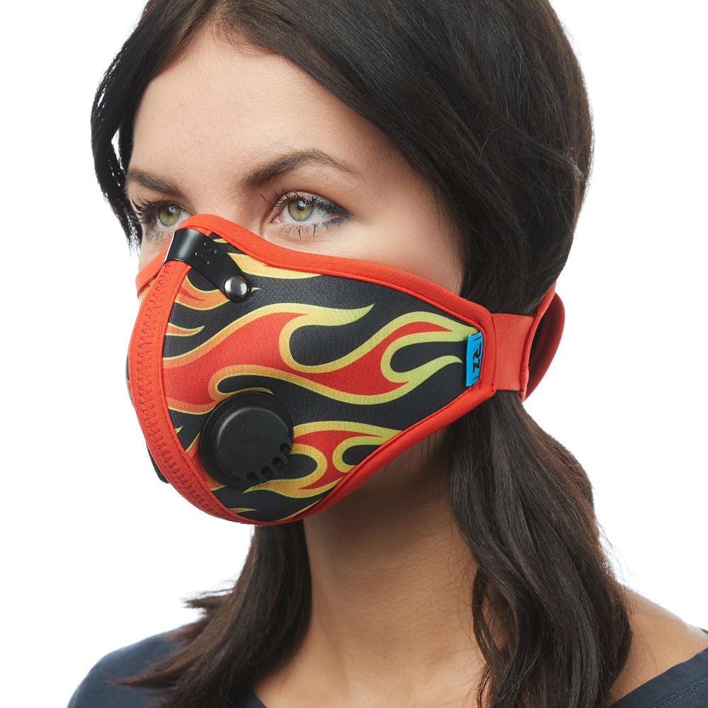 Angled view of woman wearing flame RZ M2 Nylon face mask