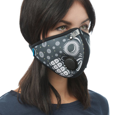 Angled view of woman wearing RZ M2 Nylon Day of the Dead Black mask shell