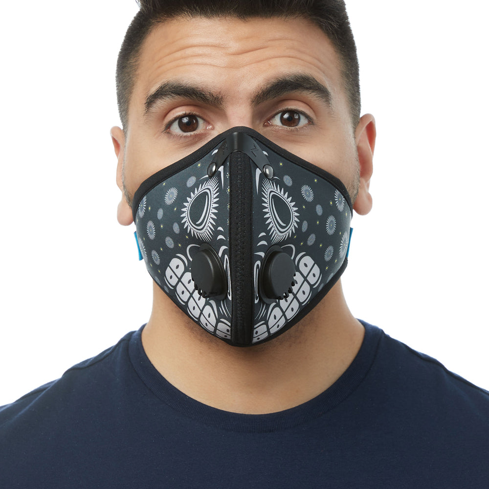 Front view of man wearing RZ M2 Nylon Day of the Dead Black mask shell