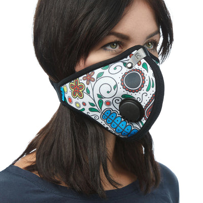 Angled view of woman wearing RZ M2 Nylon Day of the Dead White mask shell