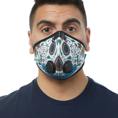 Front view of man wearing RZ M2 Nylon Day of the Dead White mask shell