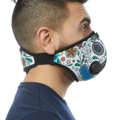 Side view of man wearing RZ M2 Nylon Day of the Dead White mask shell