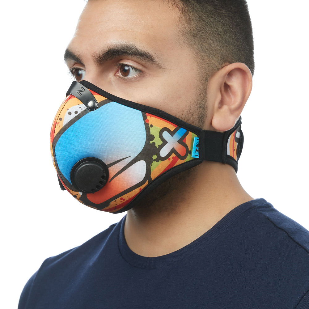 Angled view of man wearing RZ M2 Nylon Graffiti Logo mask shell
