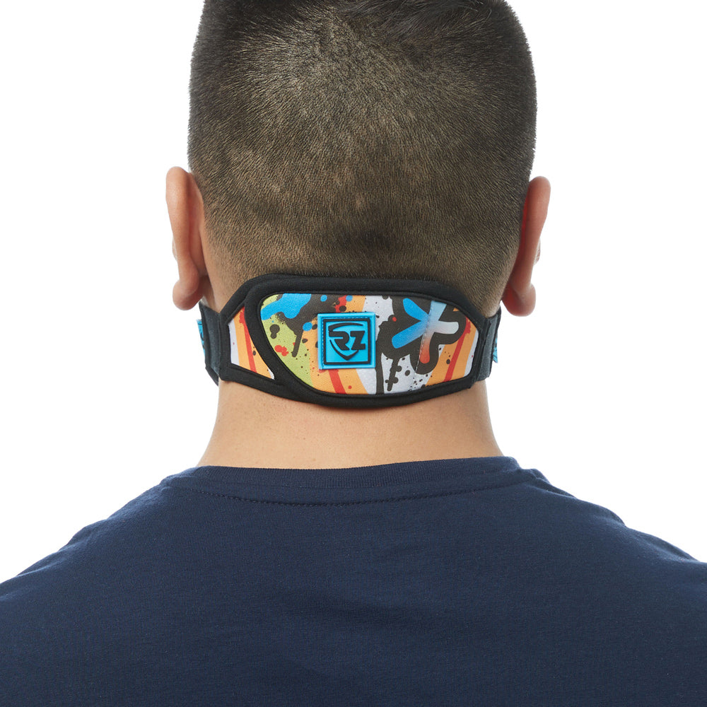 Rear view of man wearing RZ M2 Nylon Graffiti Logo mask shell