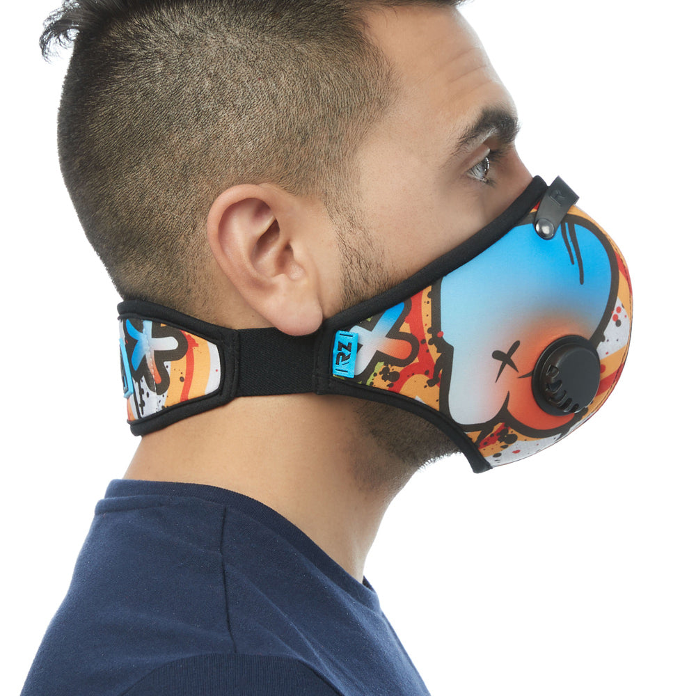 Side view of man wearing RZ M2 Nylon Graffiti Logo mask shell