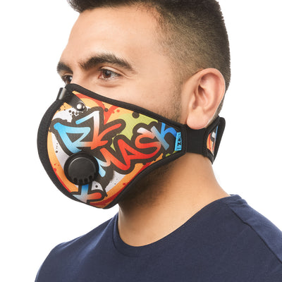 Angled view of man wearing RZ M2 Nylon Graffiti Valve Drip mask shell