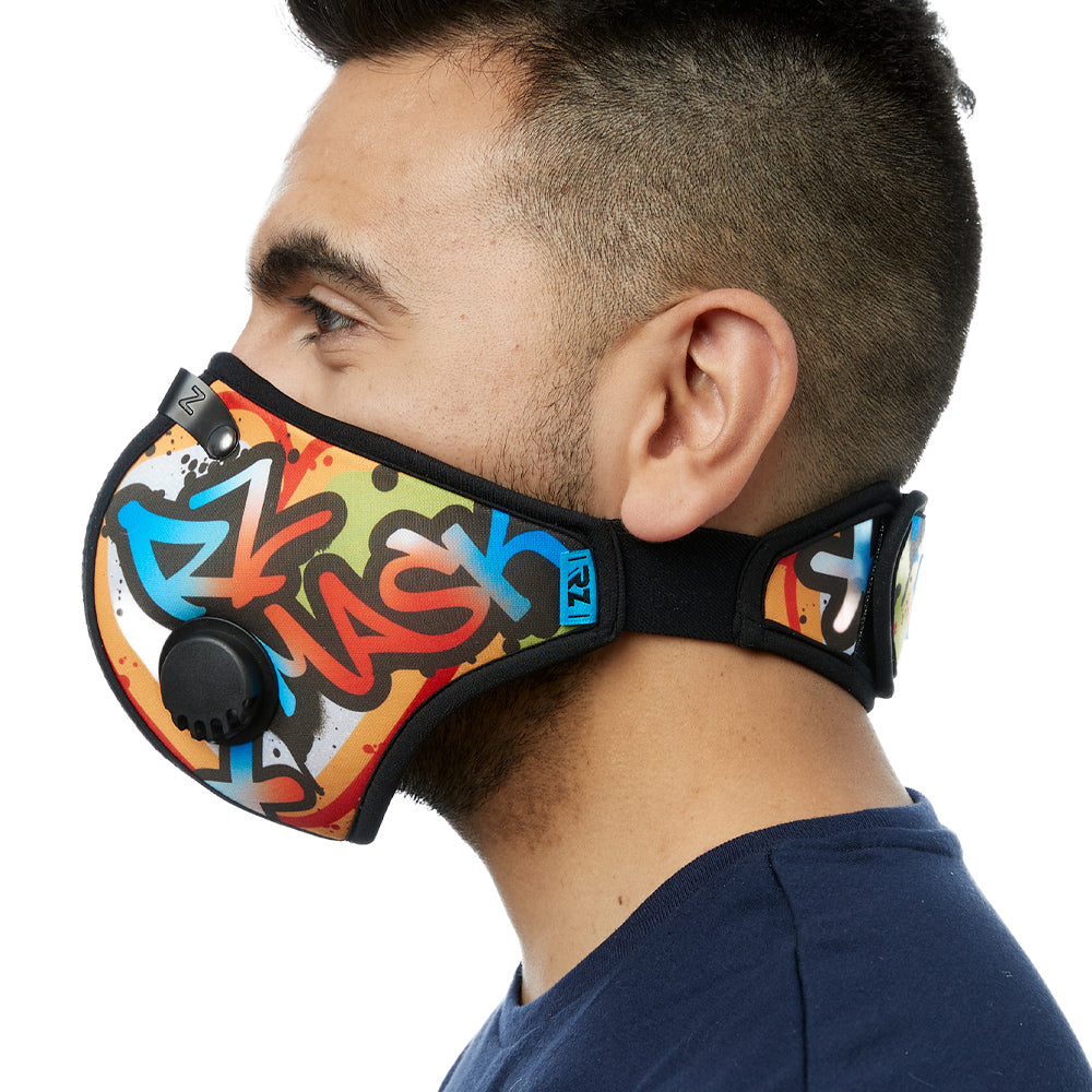 Side view of man wearing RZ M2 Nylon Graffiti Valve Drip mask shell