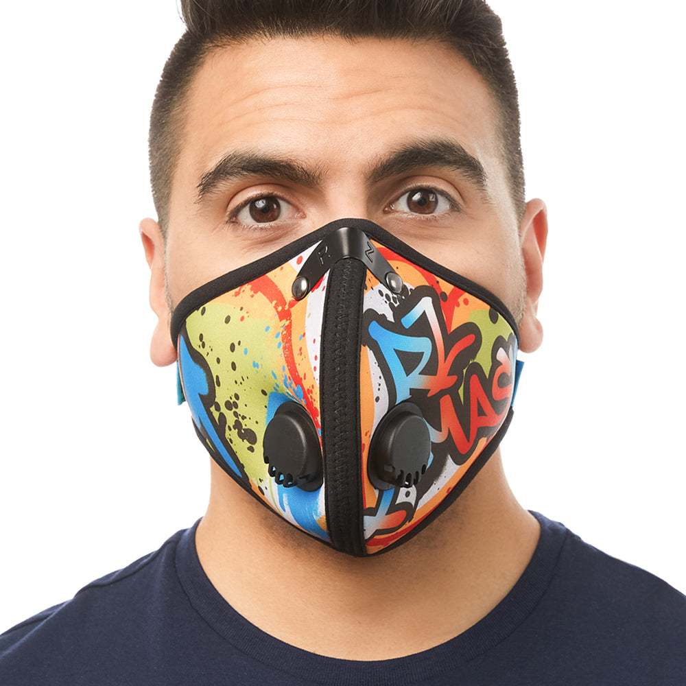 Front view of man wearing RZ M2 Nylon Graffiti Valve Drip mask shell