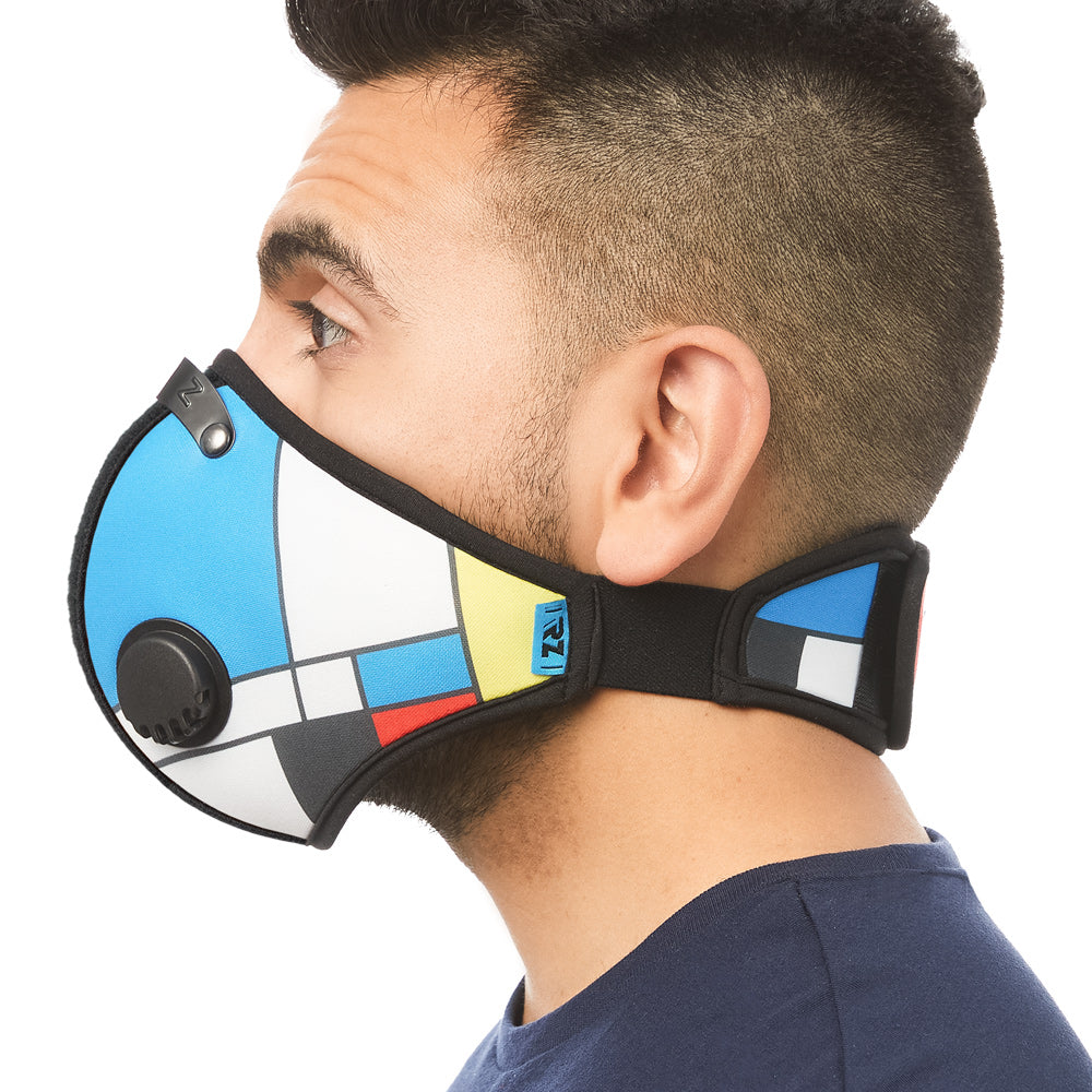Side view of man wearing RZ M2 Nylon Mondrian mask shell