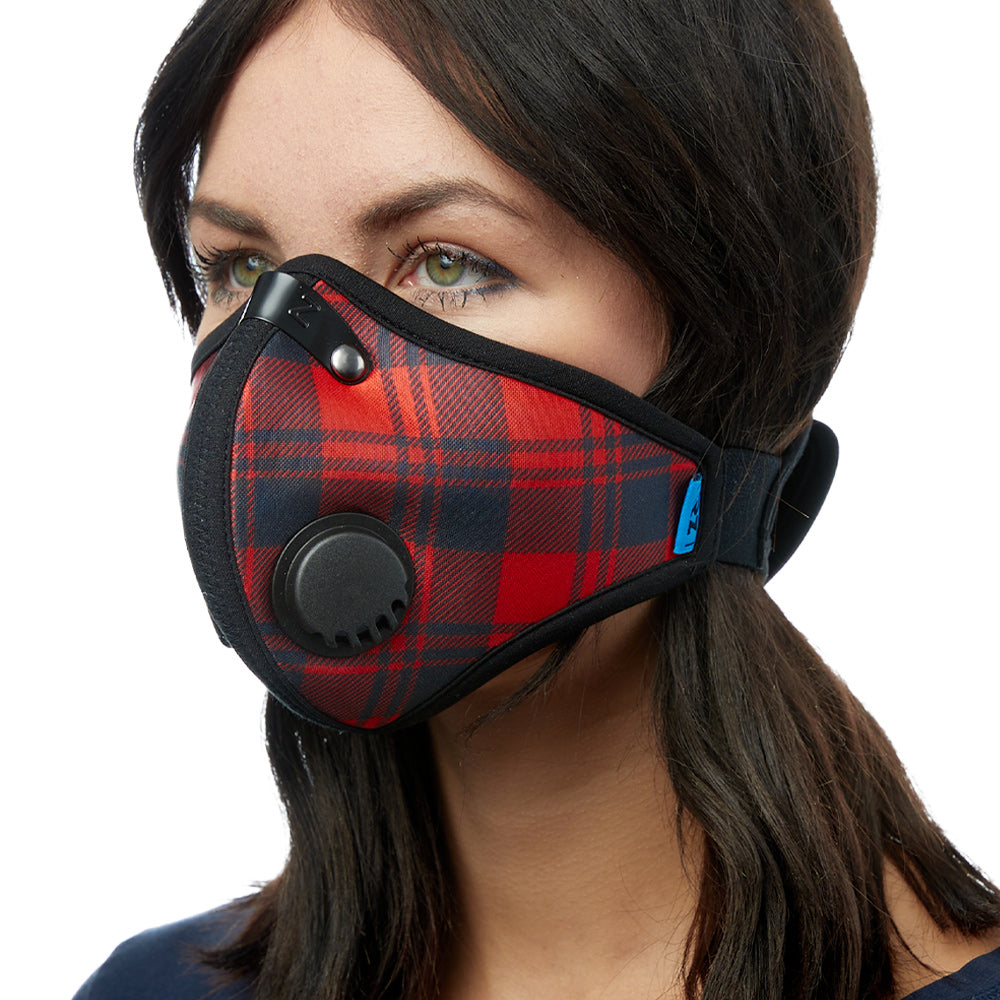 Angled view of woman wearing red plaid RZ M2 Nylon face mask