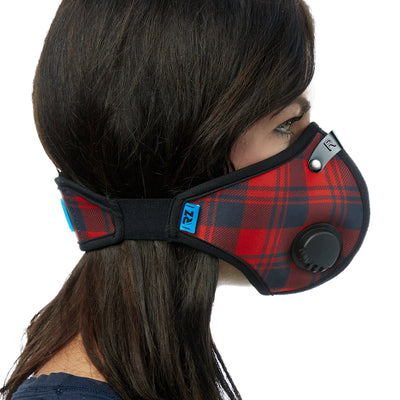 Side view of woman wearing red plaid RZ M2 Nylon face mask