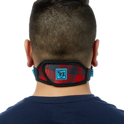 Rear view of man wearing red plaid RZ M2 Nylon face mask