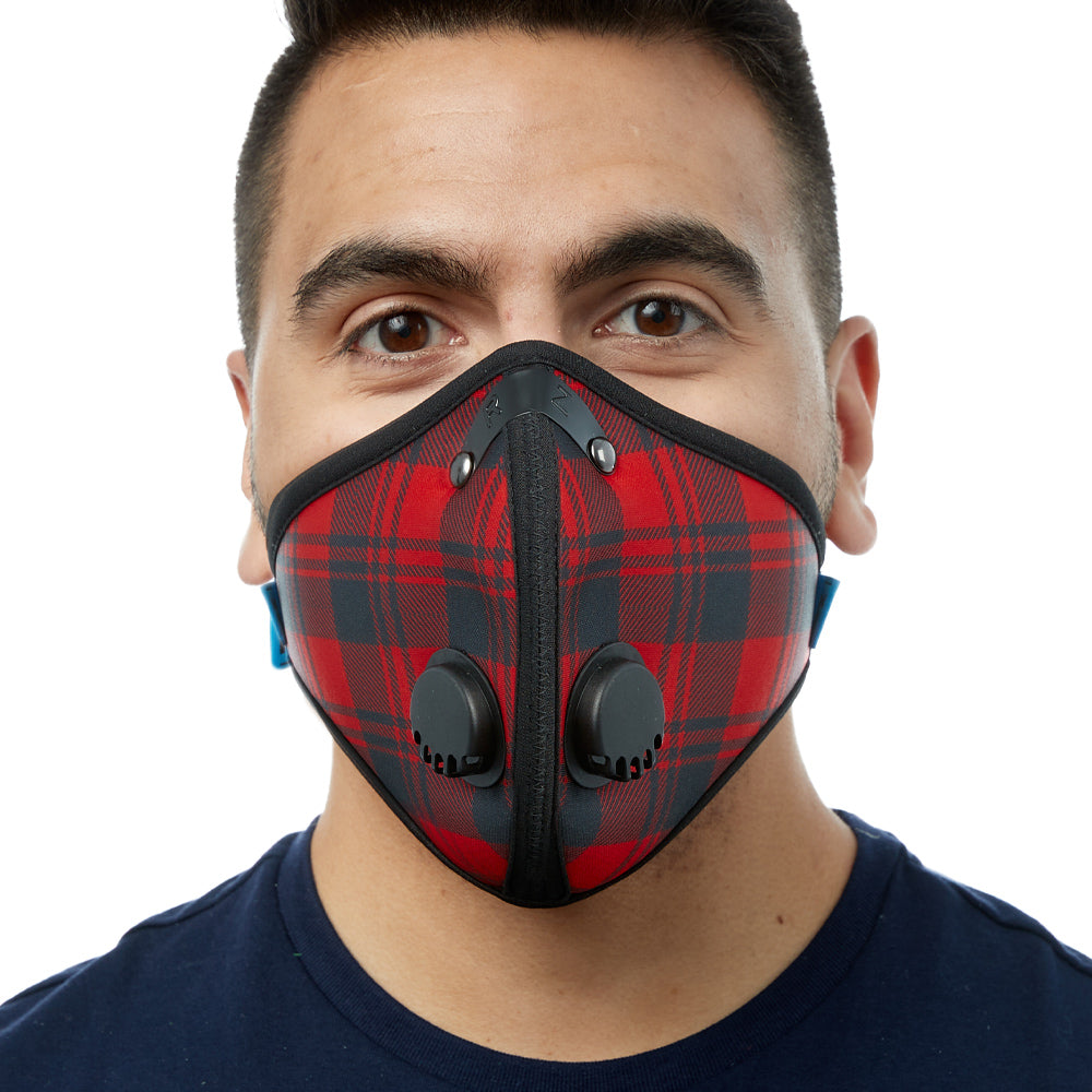 Front view of man wearing red plaid RZ M2 Nylon face mask