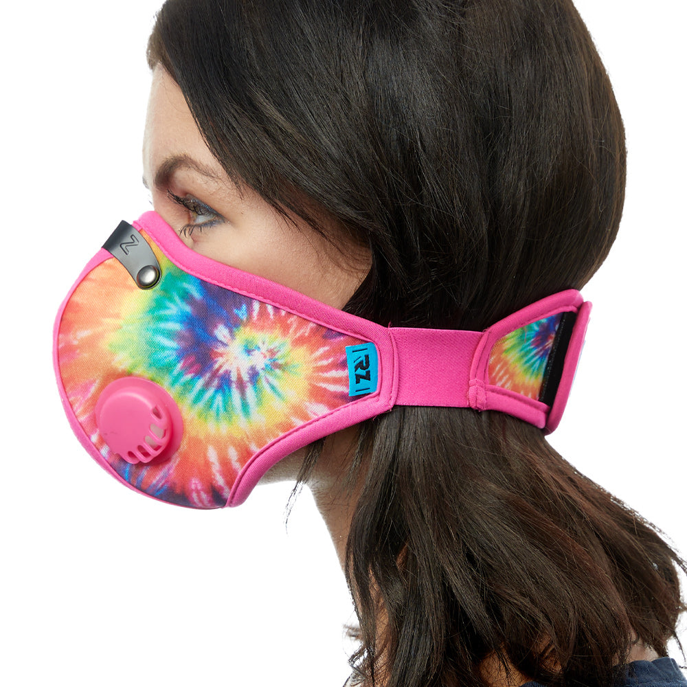 Side view of woman wearing tie dye RZ M2 Nylon face mask