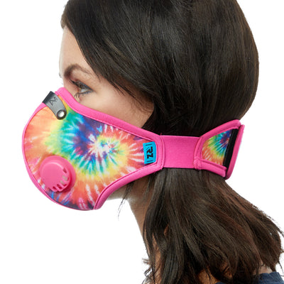 Side view of woman wearing tie dye RZ M2 Nylon face mask