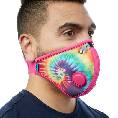 Angled view of man wearing tie dye RZ M2 Nylon face mask