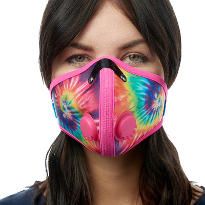 Front view of woman wearing tie dye RZ M2 Nylon face mask