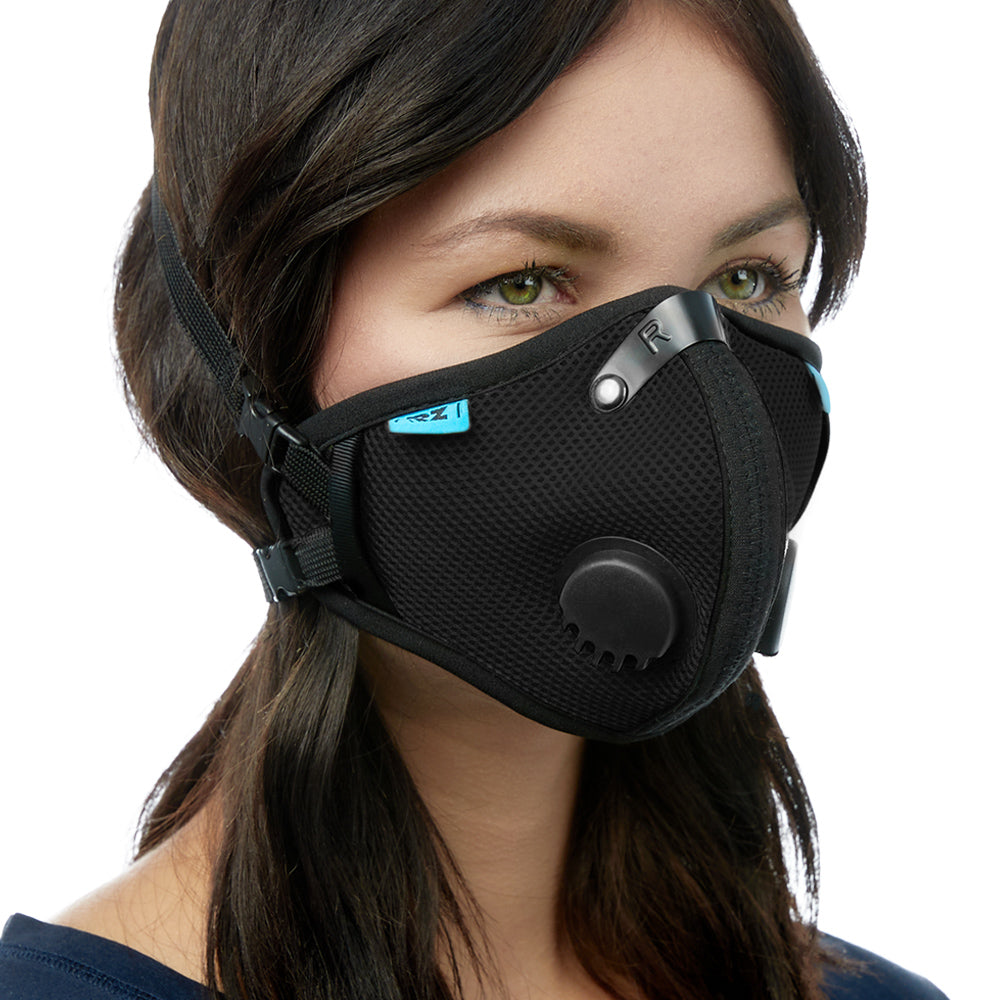 Angled view of woman wearing black RZ M2.5 Mesh face mask