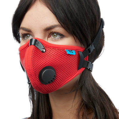 Angled view of woman wearing red RZ M2.5 Mesh face mask