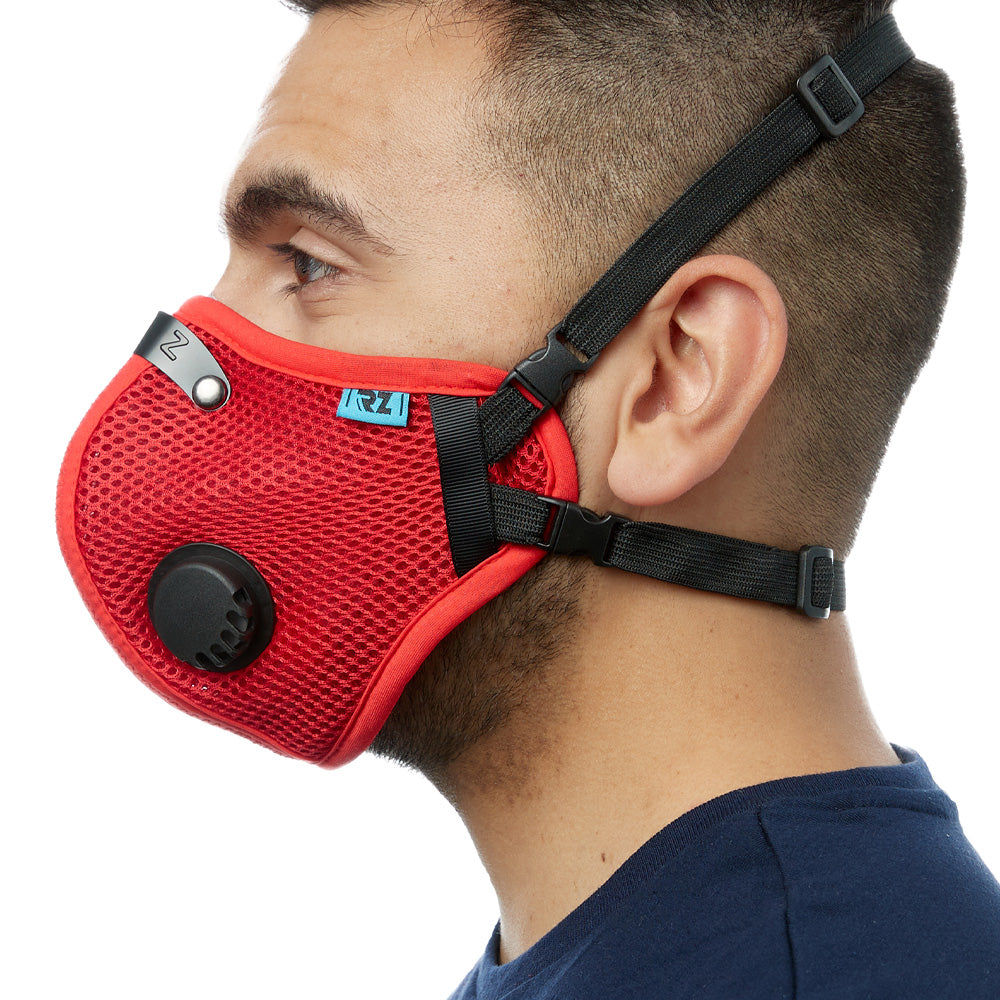 Side view of man wearing red RZ M2.5 Mesh face mask