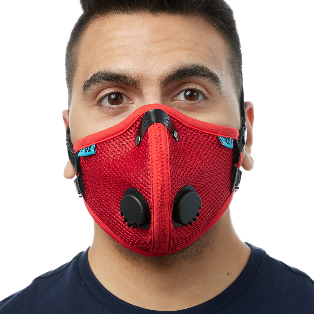Front view of man wearing red RZ M2.5 Mesh face mask