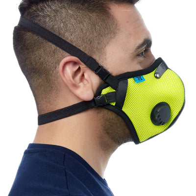 Side view of man wearing safety green RZ M2.5 Mesh face mask