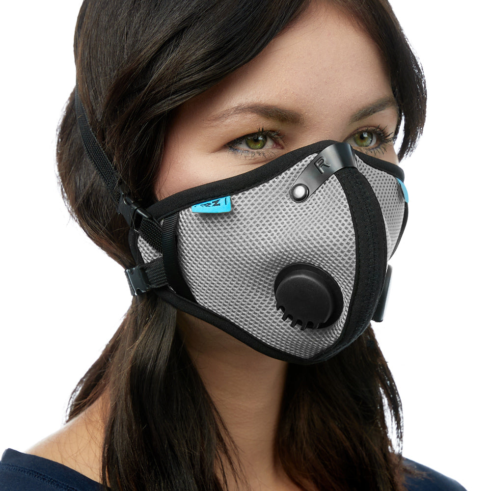 Angled view of woman wearing titanium RZ M2.5 Mesh face mask