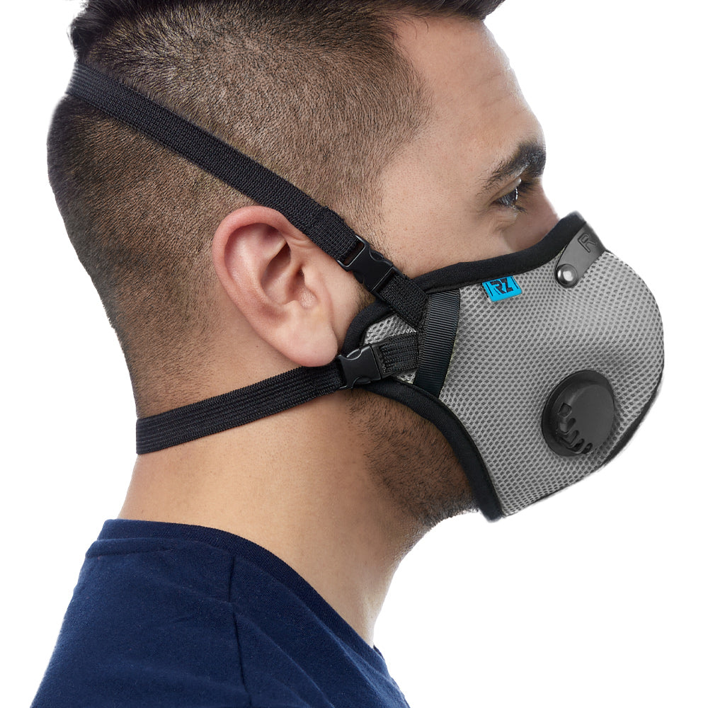 Side view of man wearing titanium RZ M2.5 Mesh face mask